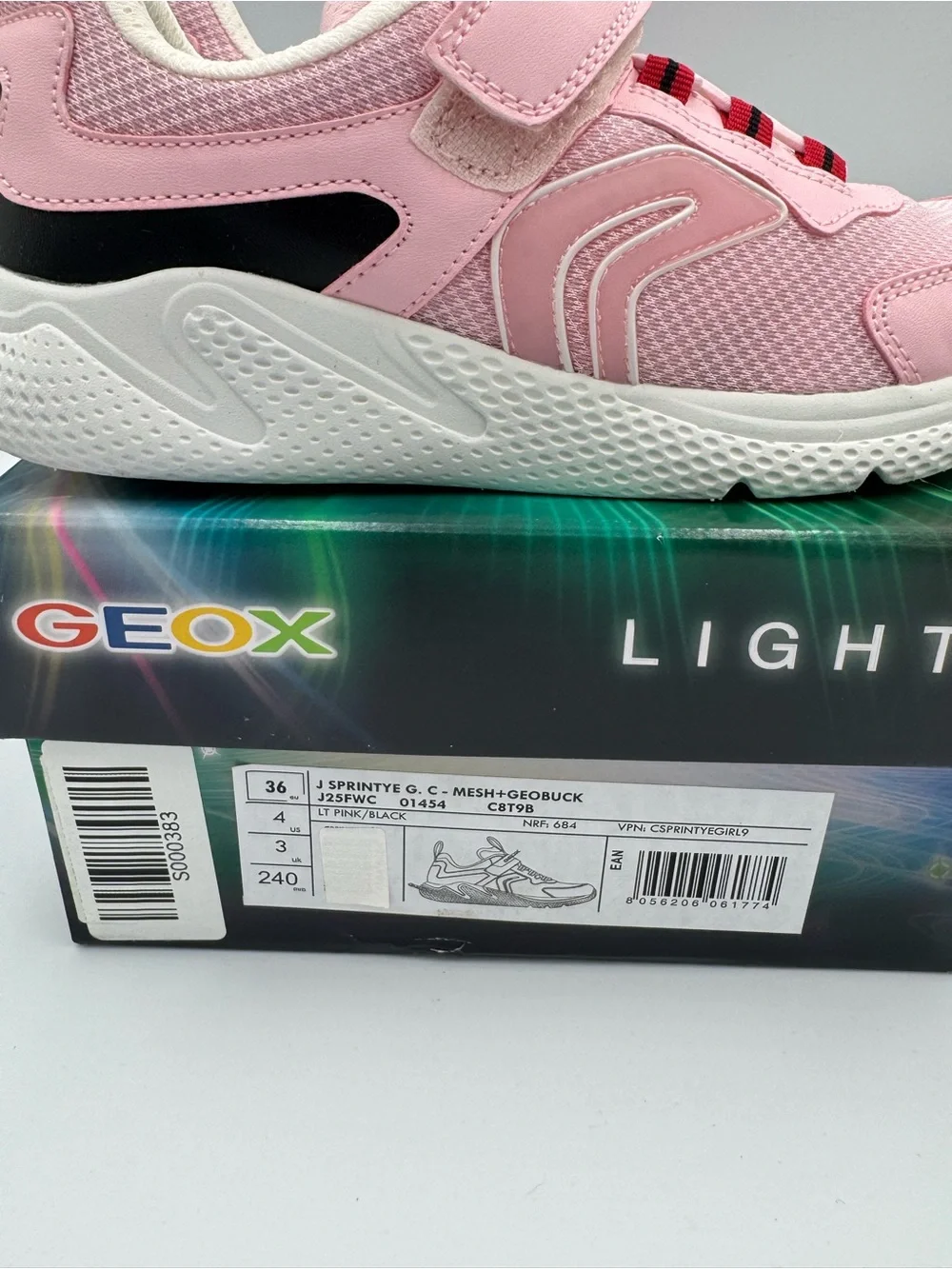 Geox J Sprintye Girl Sneakers Girls 4 US Pink Black NIB J25FWC *no light-up*